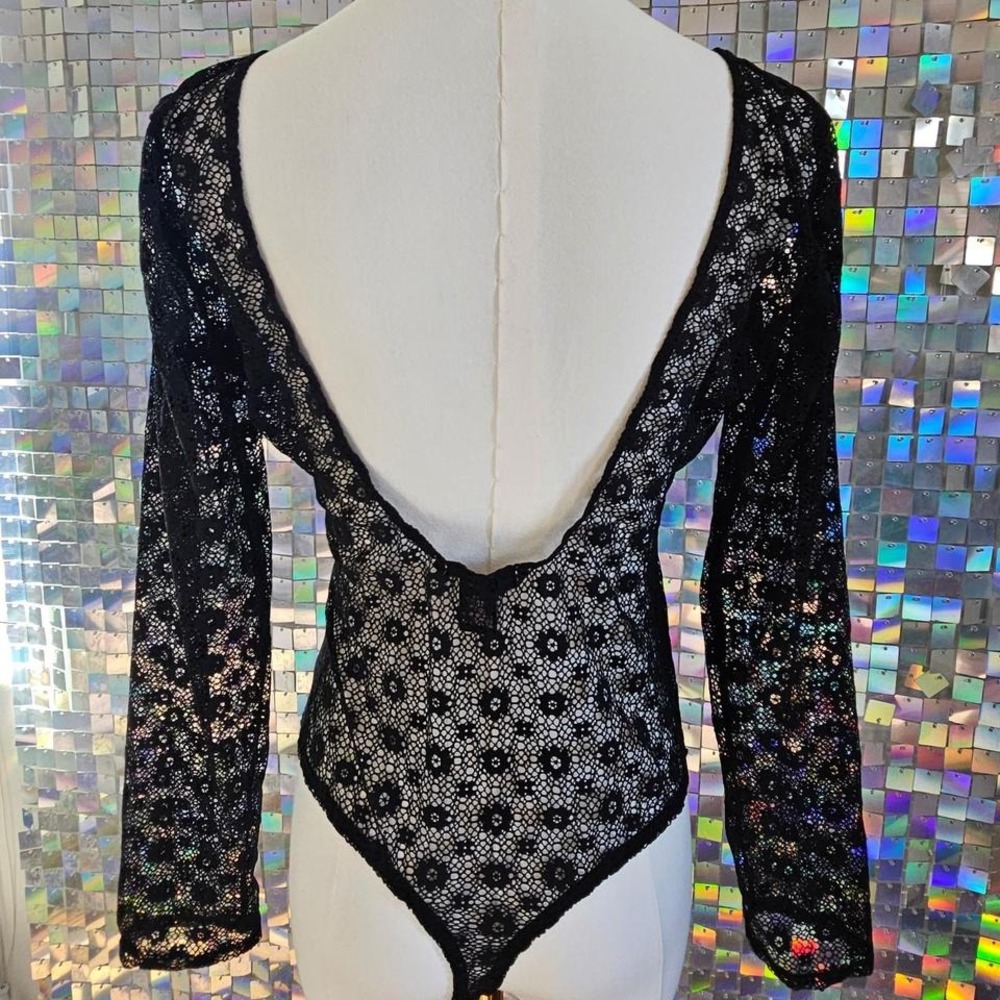 Black‎ Floral Lace Long Sleeve Bodysuit Sexy See Through Top - Picture 5 of 6